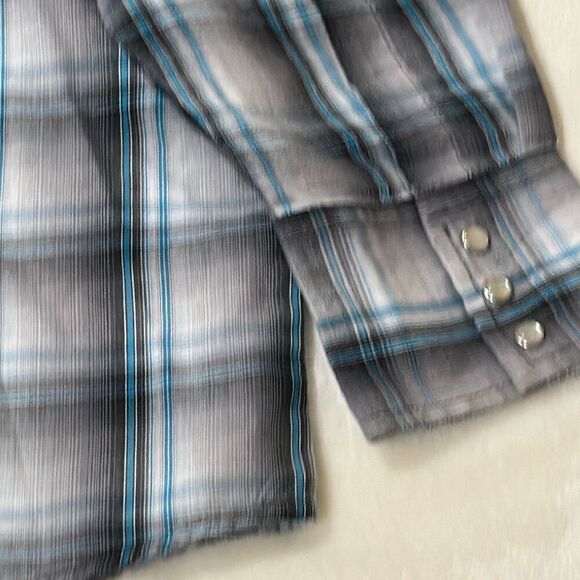 Wrangler 2XL black gray turquoise plaid pearl snap western shirt - Picture 10 of 10